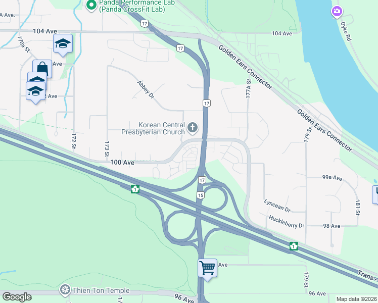 map of restaurants, bars, coffee shops, grocery stores, and more near 17557 100 Avenue in Surrey