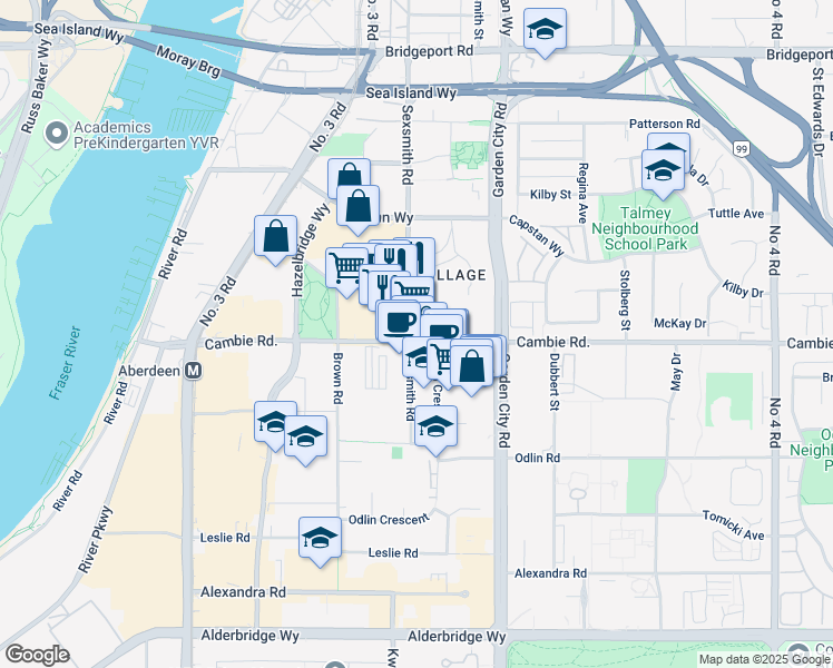 map of restaurants, bars, coffee shops, grocery stores, and more near 3780 Sexsmith Road in Richmond