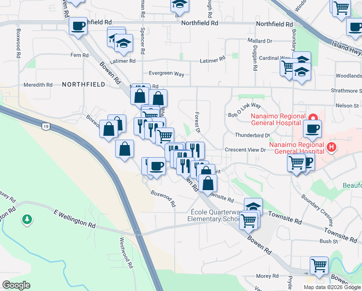 map of restaurants, bars, coffee shops, grocery stores, and more near 1908 Bowen Road in Nanaimo