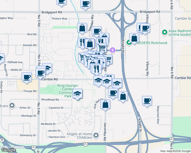 map of restaurants, bars, coffee shops, grocery stores, and more near 12838 Clarke Place in Richmond