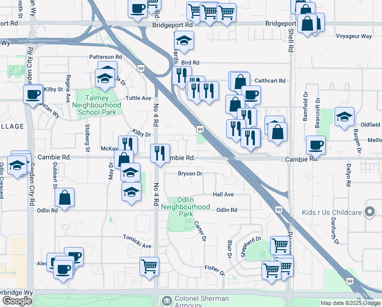 map of restaurants, bars, coffee shops, grocery stores, and more near 10231 Cambie Road in Richmond