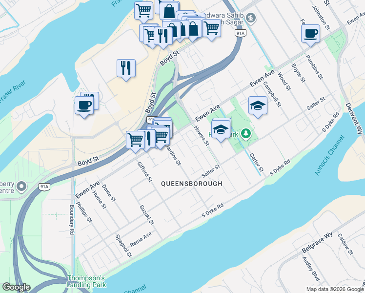 map of restaurants, bars, coffee shops, grocery stores, and more near 268 Hampton Street in New Westminster