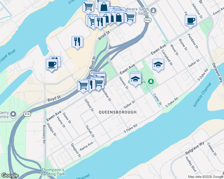 map of restaurants, bars, coffee shops, grocery stores, and more near 268 Hampton Street in New Westminster