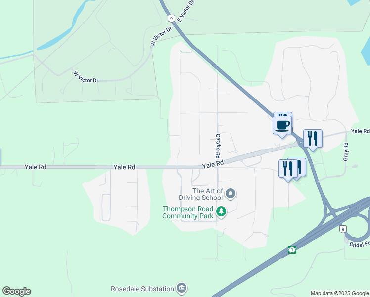 map of restaurants, bars, coffee shops, grocery stores, and more near 10114 Parkwood Drive in Fraser Valley