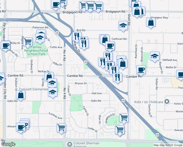 map of restaurants, bars, coffee shops, grocery stores, and more near 10491 Cambie Road in Richmond