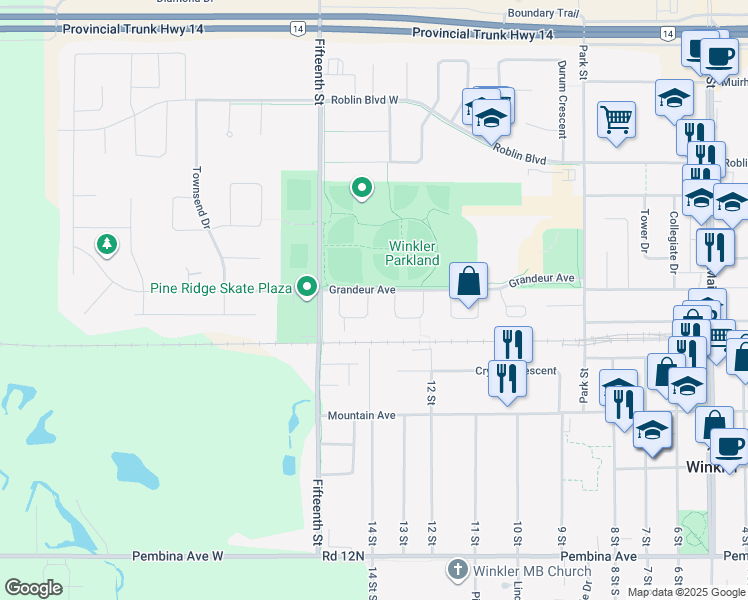 map of restaurants, bars, coffee shops, grocery stores, and more near 1406 Parmount Bay in Winkler