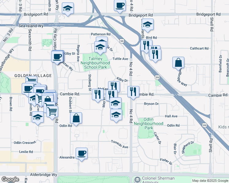map of restaurants, bars, coffee shops, grocery stores, and more near 3830 McKay Drive in Richmond