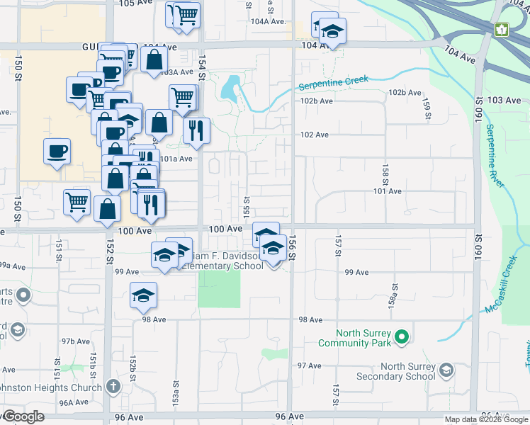 map of restaurants, bars, coffee shops, grocery stores, and more near 10038 155 Street in Surrey