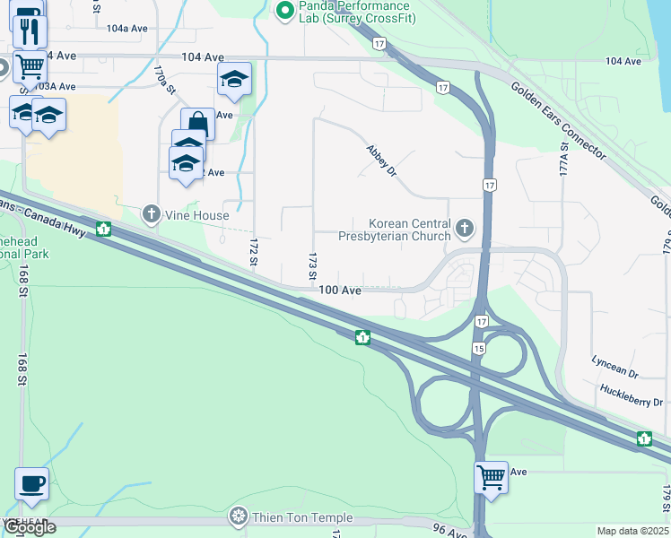 map of restaurants, bars, coffee shops, grocery stores, and more near 10027 173A Street in Surrey