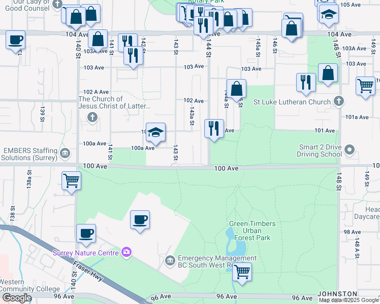 map of restaurants, bars, coffee shops, grocery stores, and more near 10035 143A Street in Surrey