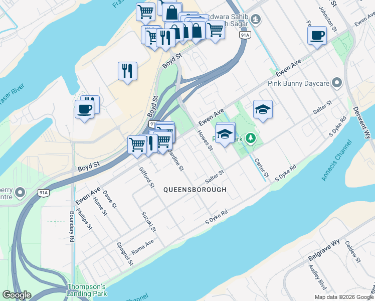 map of restaurants, bars, coffee shops, grocery stores, and more near 268 Hampton Street in New Westminster