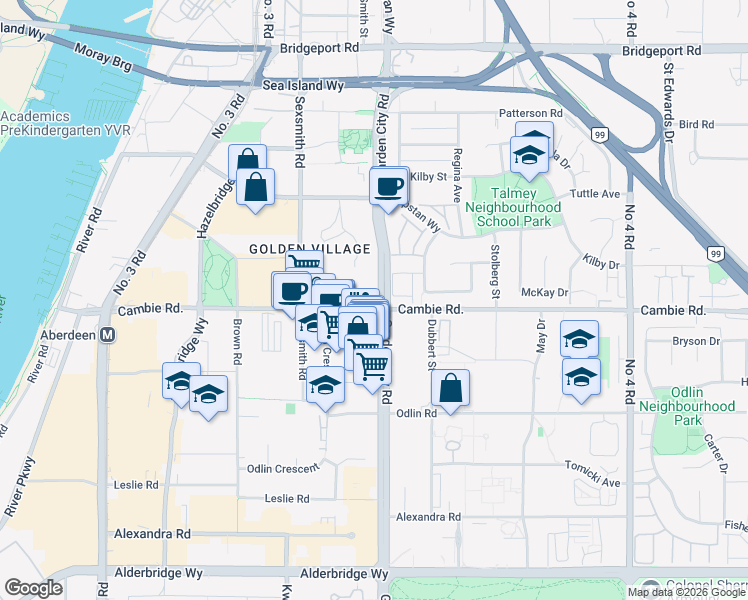 map of restaurants, bars, coffee shops, grocery stores, and more near 8831 Cambie Road in Richmond