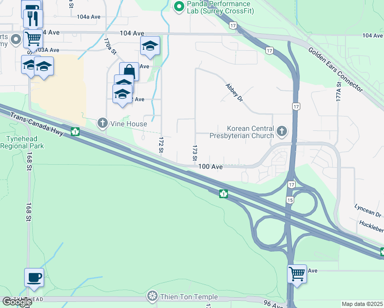 map of restaurants, bars, coffee shops, grocery stores, and more near 10039 173 Street in Surrey