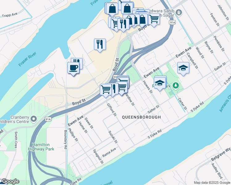map of restaurants, bars, coffee shops, grocery stores, and more near 1117 Ewen Avenue in New Westminster