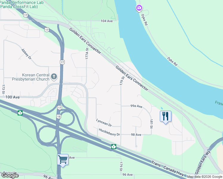 map of restaurants, bars, coffee shops, grocery stores, and more near 17850 100A Avenue in Surrey