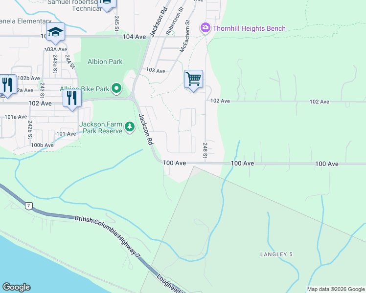 map of restaurants, bars, coffee shops, grocery stores, and more near 10048 247 Street in Maple Ridge