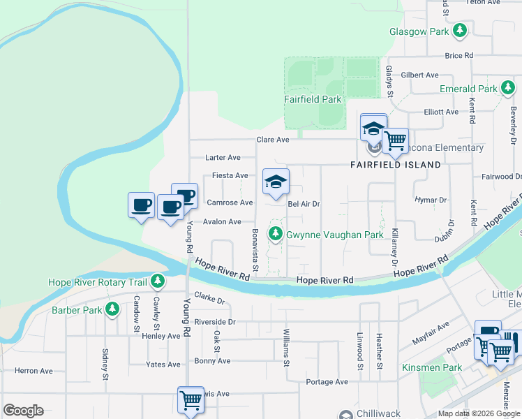 map of restaurants, bars, coffee shops, grocery stores, and more near 10096 Bonavista Street in Chilliwack