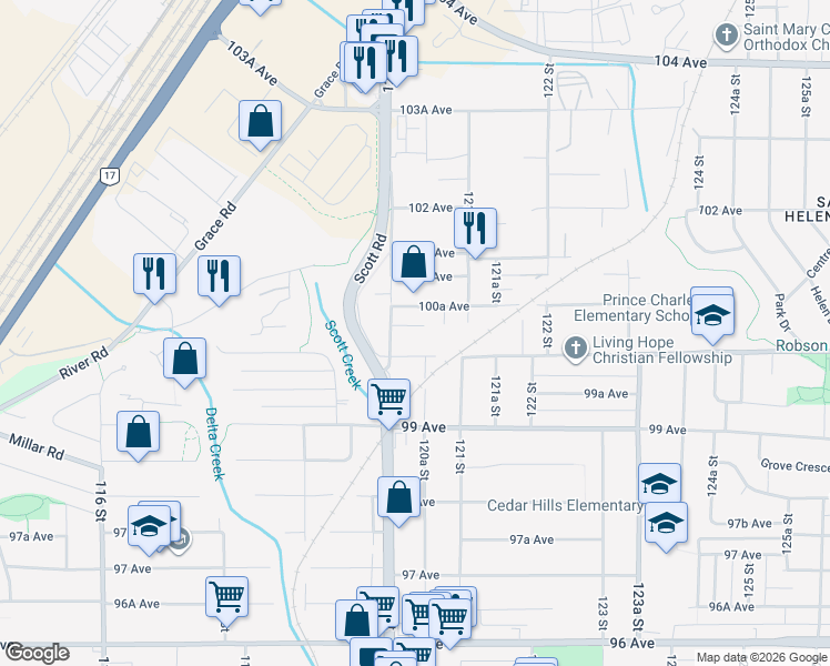 map of restaurants, bars, coffee shops, grocery stores, and more near 12036 Osier Plaza in Surrey