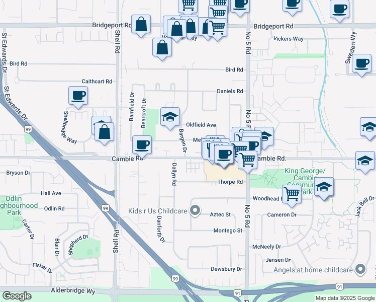 map of restaurants, bars, coffee shops, grocery stores, and more near 3960 Bargen Drive in Richmond