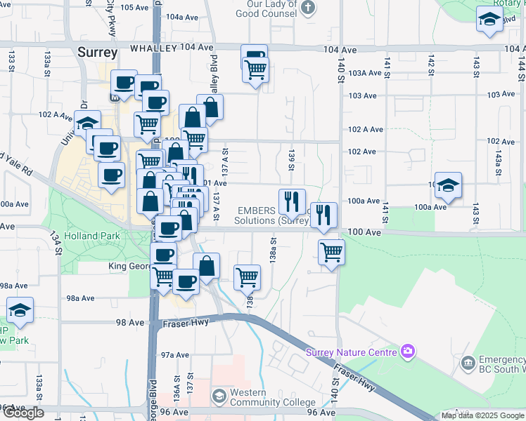 map of restaurants, bars, coffee shops, grocery stores, and more near in Surrey