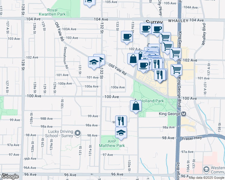 map of restaurants, bars, coffee shops, grocery stores, and more near in Surrey