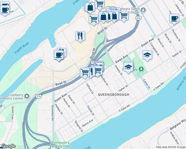 map of restaurants, bars, coffee shops, grocery stores, and more near 1111 Ewen Avenue in New Westminster