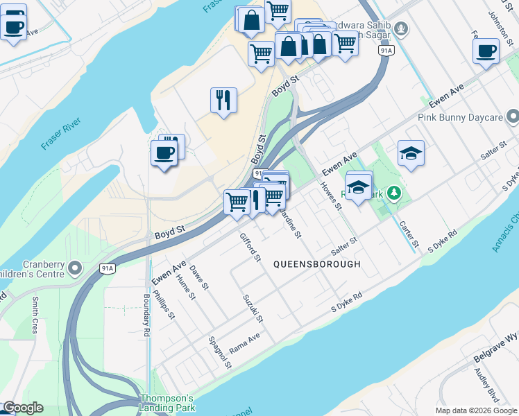 map of restaurants, bars, coffee shops, grocery stores, and more near 1111 Ewen Avenue in New Westminster