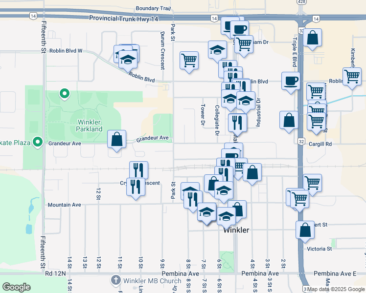 map of restaurants, bars, coffee shops, grocery stores, and more near 850 Rietze Avenue in Winkler