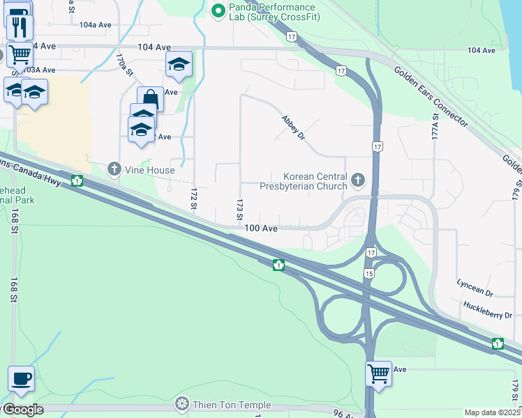 map of restaurants, bars, coffee shops, grocery stores, and more near 10033 173A Street in Surrey