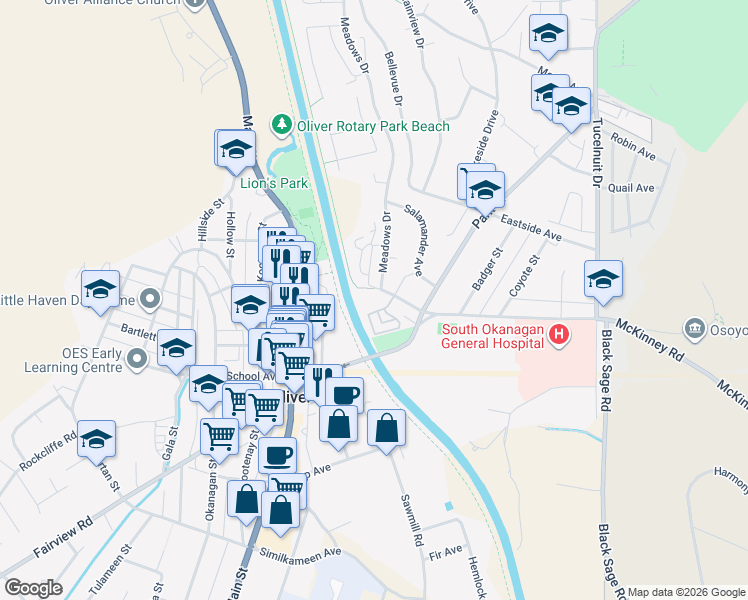 map of restaurants, bars, coffee shops, grocery stores, and more near 301 McKinney Road in Oliver