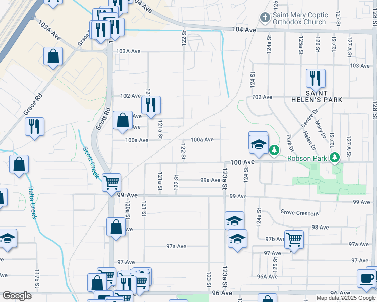 map of restaurants, bars, coffee shops, grocery stores, and more near 10032 122 Street in Surrey