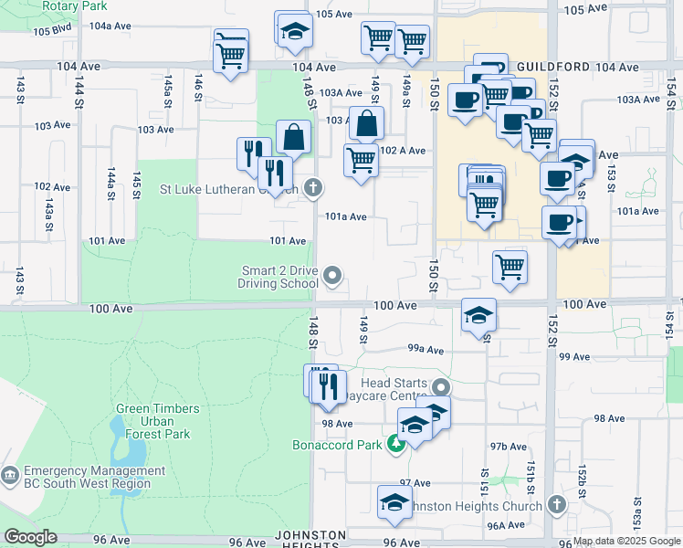 map of restaurants, bars, coffee shops, grocery stores, and more near in Surrey