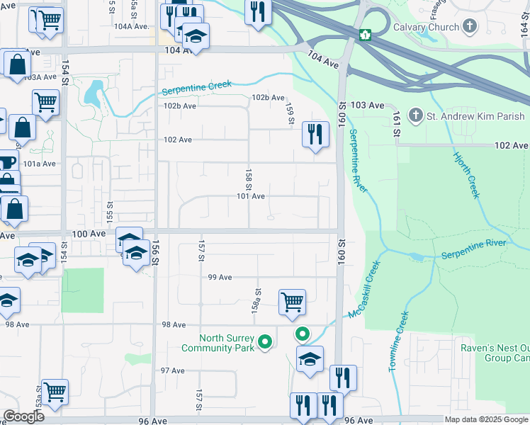 map of restaurants, bars, coffee shops, grocery stores, and more near 10037 158A Street in Surrey