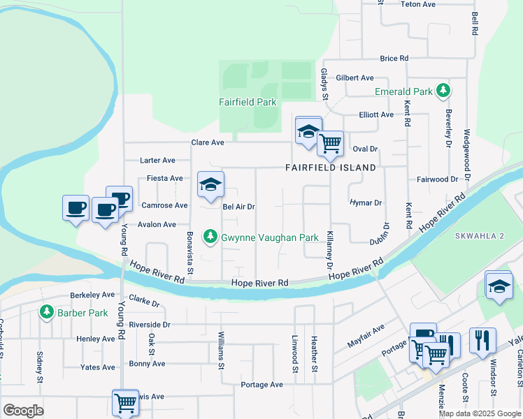 map of restaurants, bars, coffee shops, grocery stores, and more near 10136 Fairview Drive in Chilliwack