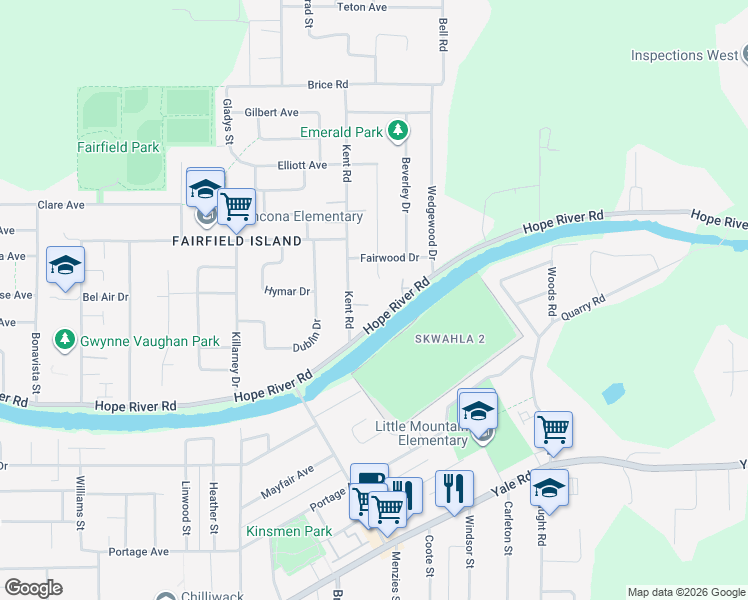 map of restaurants, bars, coffee shops, grocery stores, and more near 46651 Hope River Road in Chilliwack