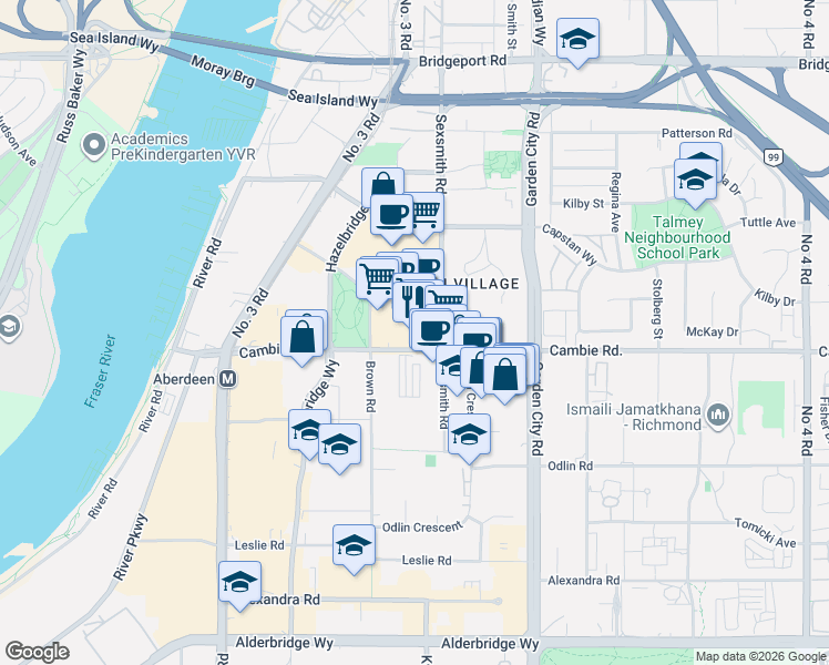 map of restaurants, bars, coffee shops, grocery stores, and more near in Richmond