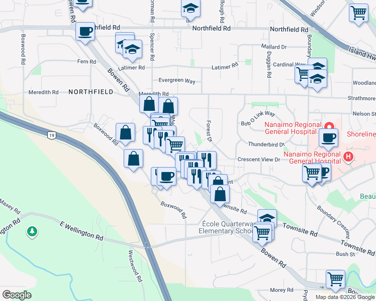 map of restaurants, bars, coffee shops, grocery stores, and more near 1908 Bowen Road in Nanaimo