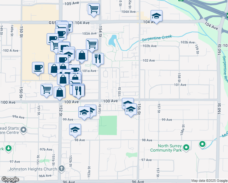map of restaurants, bars, coffee shops, grocery stores, and more near 10051 155 Street in Surrey