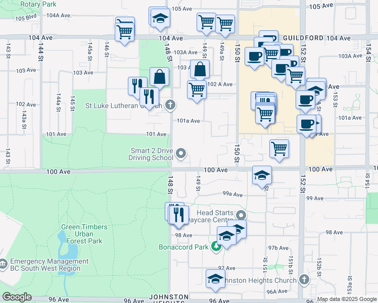 map of restaurants, bars, coffee shops, grocery stores, and more near 14877 100 Avenue in Surrey