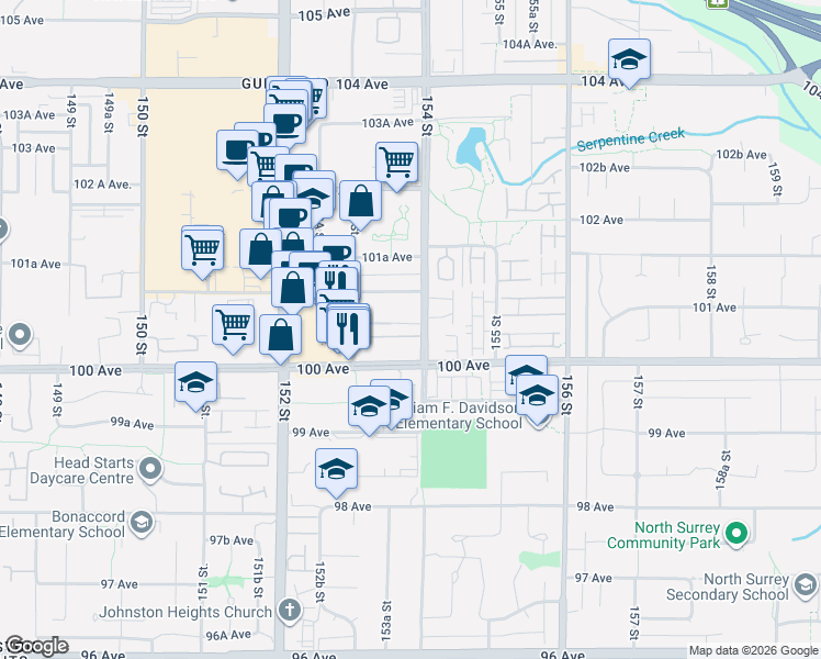 map of restaurants, bars, coffee shops, grocery stores, and more near 10045 154 Street in Surrey