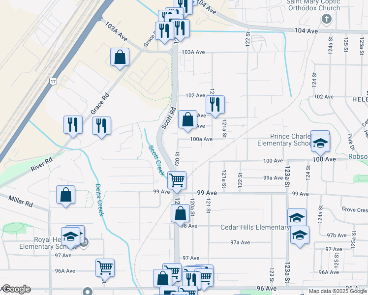 map of restaurants, bars, coffee shops, grocery stores, and more near Osier Plaza in Surrey