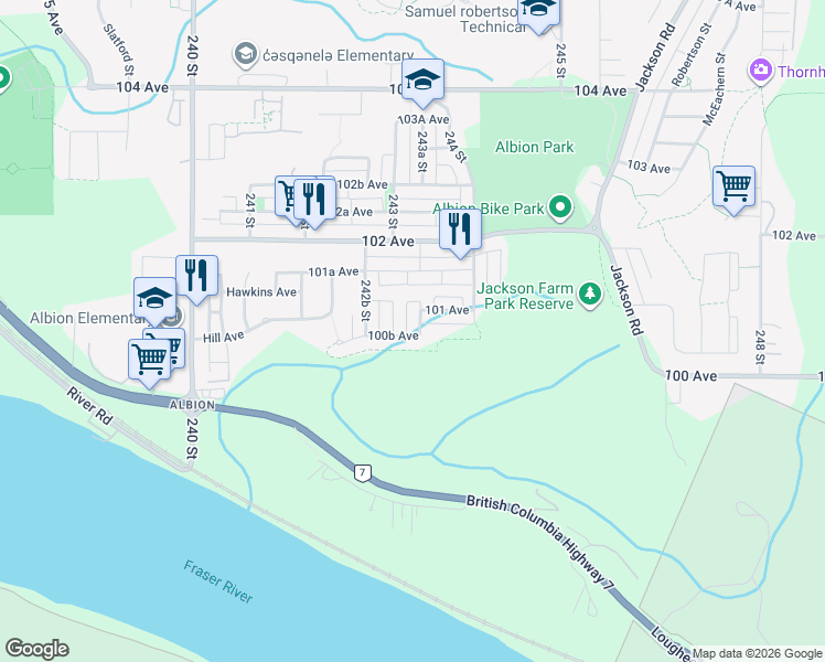 map of restaurants, bars, coffee shops, grocery stores, and more near 10073 100B Avenue in Maple Ridge