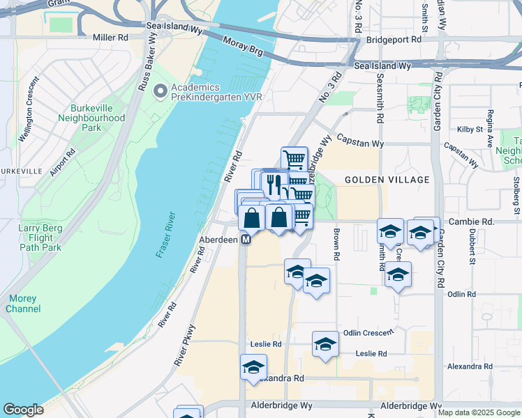map of restaurants, bars, coffee shops, grocery stores, and more near 8181 Cambie Road in Richmond