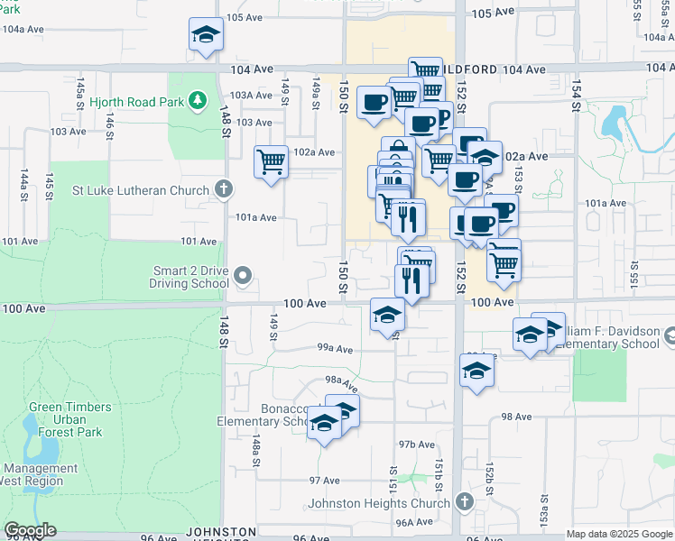 map of restaurants, bars, coffee shops, grocery stores, and more near in Surrey