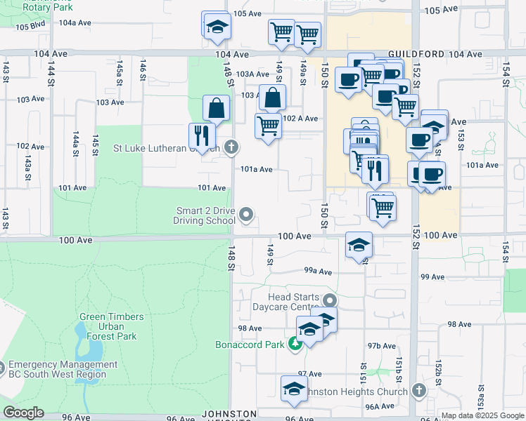map of restaurants, bars, coffee shops, grocery stores, and more near 10054 149 Street in Surrey