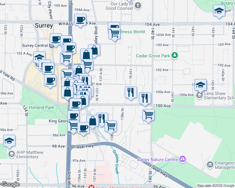 map of restaurants, bars, coffee shops, grocery stores, and more near 13827 100 Avenue in Surrey