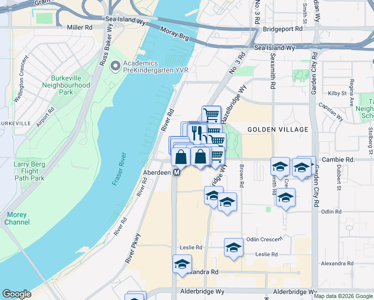 map of restaurants, bars, coffee shops, grocery stores, and more near 8181 Cambie Road in Richmond