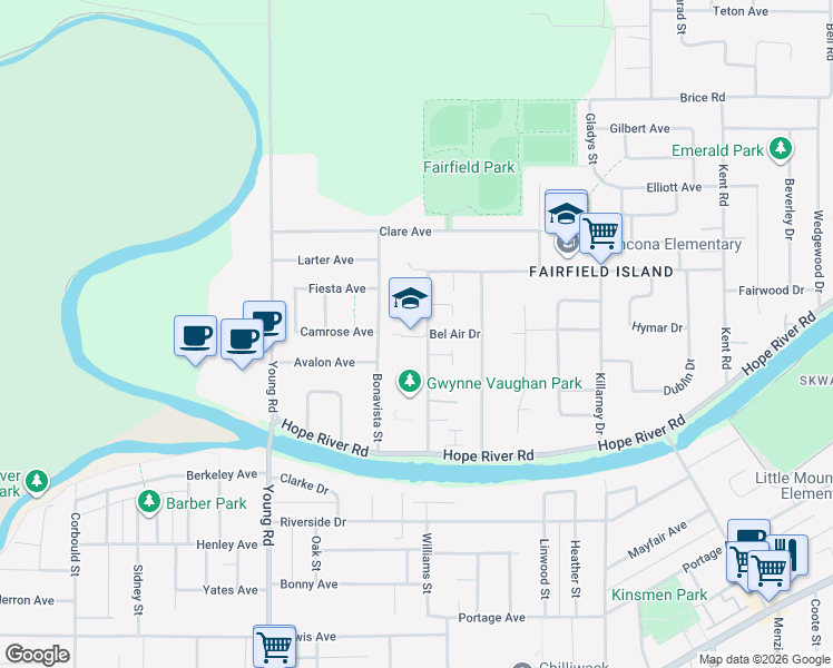 map of restaurants, bars, coffee shops, grocery stores, and more near 10135 Williams Road in Chilliwack
