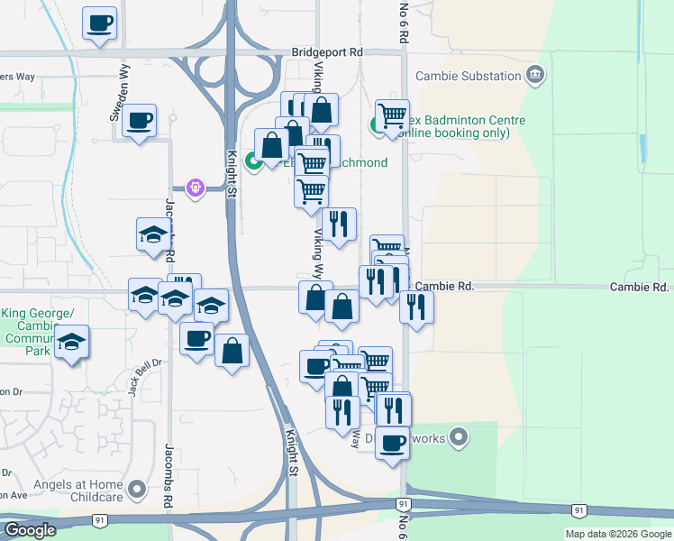 map of restaurants, bars, coffee shops, grocery stores, and more near 3888 Viking Way in Richmond