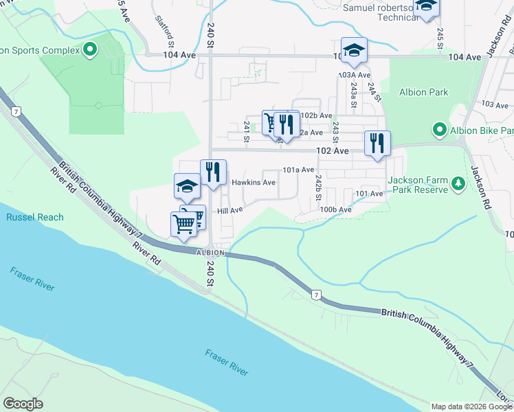 map of restaurants, bars, coffee shops, grocery stores, and more near 24128 Hill Avenue in Maple Ridge